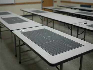 Wide overhead view of an empty emergency preparedness planning space, long folding tables with charcoal grid maps and minimal steel instruments under clean fluorescent light, structured and functional, no people