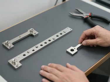 Close-up of a hands-on safety instruction station, matte charcoal surface with clean steel fixtures under bright even studio lighting, tools arranged with geometric precision, no people, operational and exact