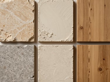 Tight editorial grid of Jordanian material samples photographed flat under diffused north-facing studio light — a slab of hand-cut limestone, a panel of natural gypsum plaster with visible trowel texture, and a section of oiled local oak timber; each sample fills its cell edge-to-edge, warm ochre and grey tones, no labels or text