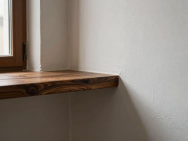 Tight detail of a plastered interior wall meeting a dark-stained timber shelf in an Amman interior, diffuse daylight from a nearby window, material contrast between matte plaster and grain of wood, no people