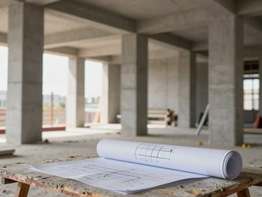 Wide shot of an active Amman construction site interior, concrete columns visible, a set of rolled drawings on a site table in the foreground, natural daylight through an unglazed opening, no people in frame, dust and material texture present