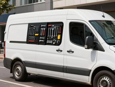 A clean, modern white service van with professional tools neatly organized inside, parked on a bright city street during daytime.
