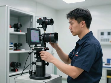 Medium shot of a professional technician in a clean navy uniform operating a high-tech video inspection camera screen inside a brightly lit utility room.