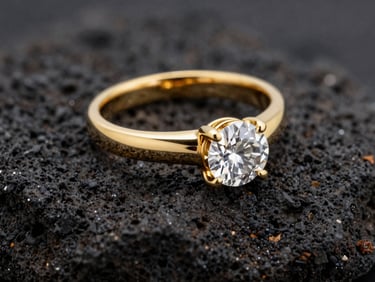 Extreme close-up of a solid gold ring set with a flawless diamond, resting on dark textured volcanic rock, dramatic rim lighting, golden reflections.