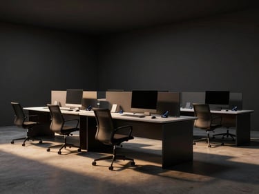 Wide panoramic shot of a dark, high-end digital rendering bay, soft golden ambient light casting long shadows, sleek minimalist workstation.