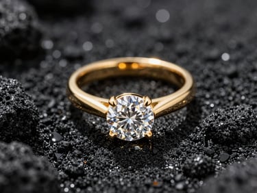 Extreme close-up macro photograph of a gold diamond ring resting on wet black volcanic sand, dramatic chiaroscuro lighting, sharp golden reflections