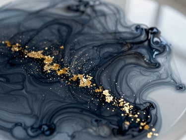 Close-up abstract texture of dark indigo ink swirling in water with gold leaf particles, soft directional lighting, shallow depth of field, premium editorial style.