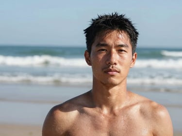 Portrait of a male skimboarder in his 30s, sun-weathered face, neutral expression, beach background, soft natural lighting