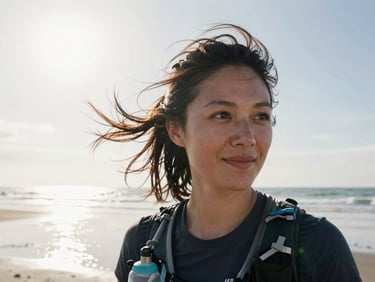 Portrait of a female researcher in her 30s, windblown hair, smiling slightly, coastal background, bright overcast day