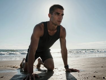 Portrait of a male athlete in his 20s, short hair, looking off-camera, coastal background, high-contrast lighting