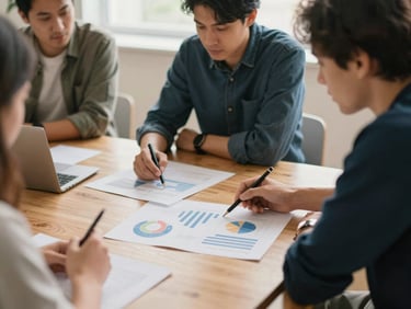 A collaborative community planning session in a bright room, people analyzing charts on a wooden table, warm natural daylight, 35mm editorial photography.