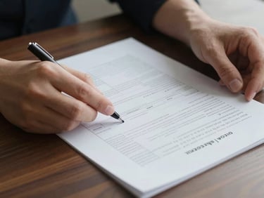 Tight macro shot of hands reviewing structured financial blueprints and legal documentation on a clean dark oak desk, soft directional light, low saturation.