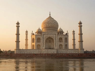The Taj Mahal viewed from an uncrowded vantage point across the Yamuna River, soft morning mist, warm low-angle golden hour sunlight