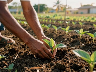 Hands planting green seedlings in rich soil at a community farm in Puerto Rico, warm sun-drenched lighting, authentic documentary style, 35mm