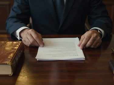 Dramatic low-key close-up of a jurist's hands reviewing legal documents on a dark mahogany desk, warm gold light reflecting on leather-bound books, solemn atmosphere