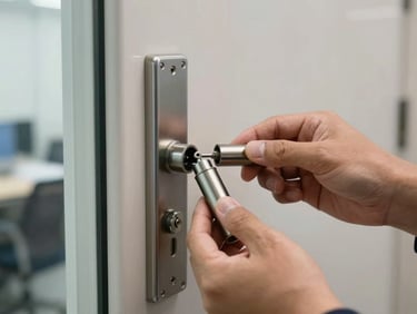 Close-up of a commercial door lock hardware mid-replacement, technician's hands visible holding the new cylinder, neutral daylight from a nearby window, no face visible, clean office corridor background