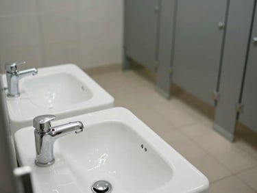 Close-up of a commercial restroom interior just after cleaning, neutral daylight from above, stainless fixtures wiped clean, tile floor still slightly wet, no people, crisp and orderly