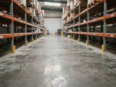 Wide shot of a clean commercial warehouse aisle, concrete floor with fresh wax finish reflecting overhead natural light from skylights, empty racking visible on both sides, no people, neutral color temperature