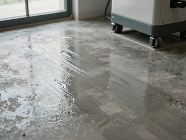 Close-up overhead view of a commercial floor mid-wax application, striped sheen visible across polished concrete, natural daylight from side windows, buffer machine partially visible at frame edge, no people