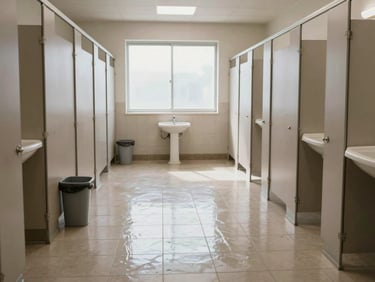 Wide shot of a commercial restroom with freshly mopped tile floors, clean fixtures, empty waste bins, natural window light, neutral color temperature, no people