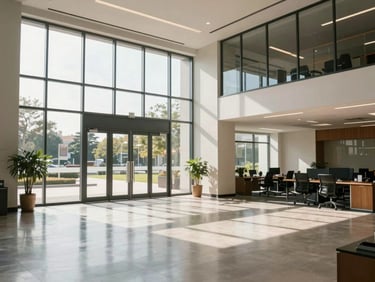 Wide interior shot of a clean open-plan office lobby, natural daylight from floor-to-ceiling windows, polished hard floor, neutral walls, no people, shot from entrance looking in