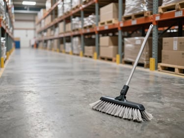 Wide shot of a commercial warehouse aisle freshly swept and mopped, natural daylight from overhead skylights, neutral color temperature, clean concrete floor, shelving in background, no people or staff
