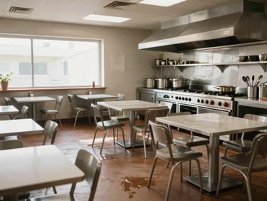 Interior of a clean commercial kitchen or restaurant dining area, natural light from a side window, hard floor freshly mopped, tables clear, no people, neutral color temperature, wide framing showing room scale