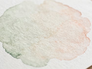 Macro shot of a delicate watercolor wash on heavy textured paper, showing soft sage and blush pigments blending naturally