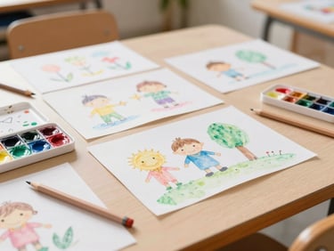 Warm editorial photograph of a sunlit classroom table scattered with colorful children's drawings, watercolor palettes, and soft pencils