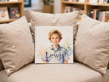 A cozy bookstore corner with a display of the picture book Lewis surrounded by soft cushions and warm fairy lights