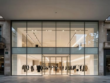 A modern commercial retail space in Passeig de Gràcia, Barcelona, high ceilings, minimalist glass facade, architectural clean lines.