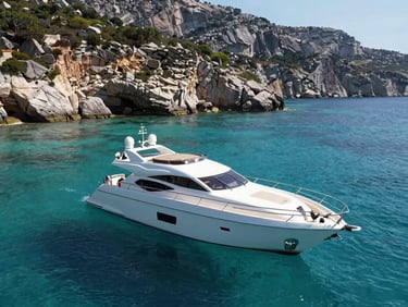 A luxury yacht anchored in a quiet Mediterranean cove, crystal clear turquoise water, rocky cliffs in the background under bright daylight