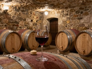 A historic stone wine cellar in Spain with oak barrels, warm ambient lighting, a single glass of red wine on a rustic table