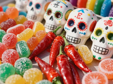 Close-up of colorful Mexican candy assortments, including chili-coated tamarind and sweet sugar skulls, bright natural Texas daylight, highly saturated colors, 35mm lens