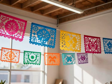 Vibrant papel picado banners hanging across a bright workshop, sunbeams streaming through windows, highly saturated festive colors, crisp details, 35mm lens