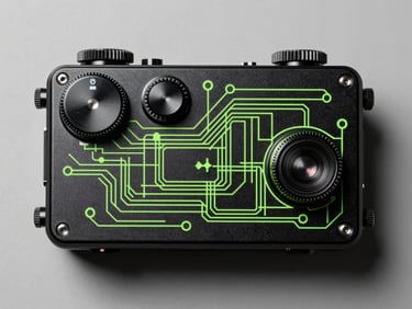 Top-down orthographic view of a custom handheld device mockup with physical dials and mechanical switches, sharp neon green schematic lines overlaying the matte black metal casing, high-contrast studio lighting.