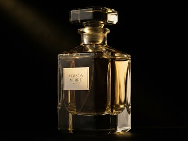Dramatic macro close-up of a Maison Verre perfume bottle, heavy-weight glass reflecting sharp gold light, minimalist label, deep black background, high-contrast chiaroscuro studio lighting.