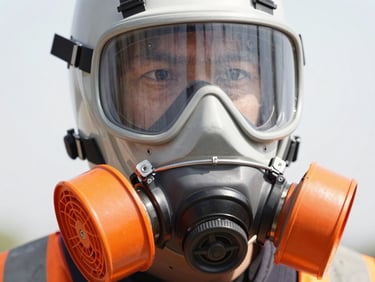 Close-up of a full-face respirator with multi-stage filter cartridges, high-contrast, technical detail, safety orange accents.