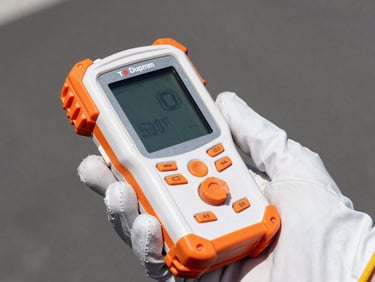 Close-up of a portable gas detector held by a gloved hand, high-contrast industrial lighting, focus on screen and rugged housing, 50mm lens