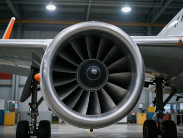 Close-up of aircraft turbine maintenance under high-contrast industrial hangar lights, dramatic shadows, cool metallic tones, 35mm