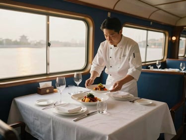 Gourmet dining car on Xiao Xiang Hao, crisp white linens, elegant place settings, a chef presenting a regional specialty dish, soft interior lighting.