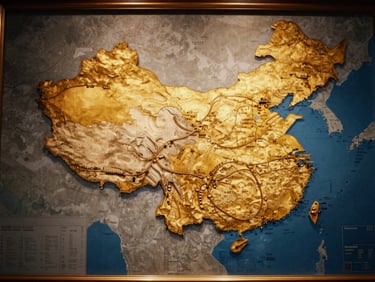 A detailed map of China with elegant golden train routes marked, evoking bespoke travel planning, warm editorial photography, 35mm