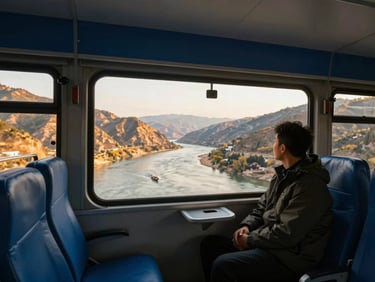 Panoramic observation car interior on Xiao Xiang Hao, comfortable seating, large windows showcasing a dramatic river valley, a traveler quietly observing, warm natural light.