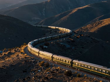 The luxury train Xiao Xiang Hao winding through a dramatic Chinese mountain landscape at golden hour, cinematic wide shot, rich deep blue and gold tones