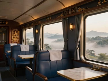 Luxurious private train suite on Xiao Xiang Hao, featuring traditional Chinese aesthetics, modern amenities, large window overlooking a misty mountain landscape, golden-hour light.