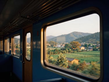 The luxury train Da He Zhi Nan's panoramic observation car, showing lush Chinese countryside through the window, warm golden light, cinematic, 35mm