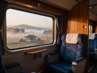 Interior of the Xiao Xiang Hao luxury train suite, featuring rich wood finishes, plush seating, and a large window overlooking a misty Chinese landscape, golden hour light.