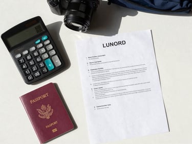 Top-down flat lay of student travel essentials, a physical calculator, a passport, and a neatly folded loan document on a clean slate desk under bright daylight.