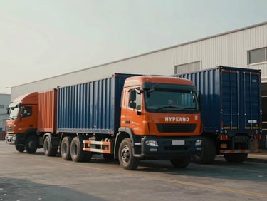 Cinematic industrial photography of modern cargo trucks parked at a clean logistics warehouse in Hyderabad, morning daylight, deep navy and safety orange tones, 35mm