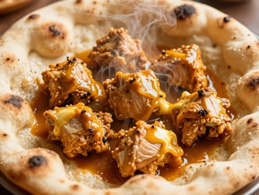 Close-up of steaming butter chicken and fresh garlic naan, warm glowing light, macro food photography